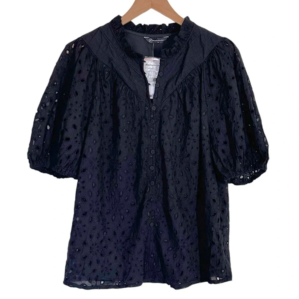 Pretty Garden Eyelet Short Lantern Puffy Sleeve  Blouse Black Size XL - Picture 2 of 7